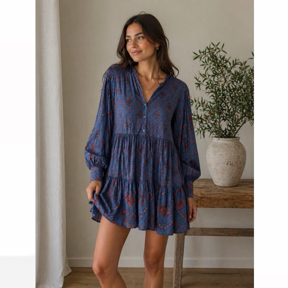 Celina Moon Tiered cotton Mini dress blue floral balloon sleeves Sz XL boho chic